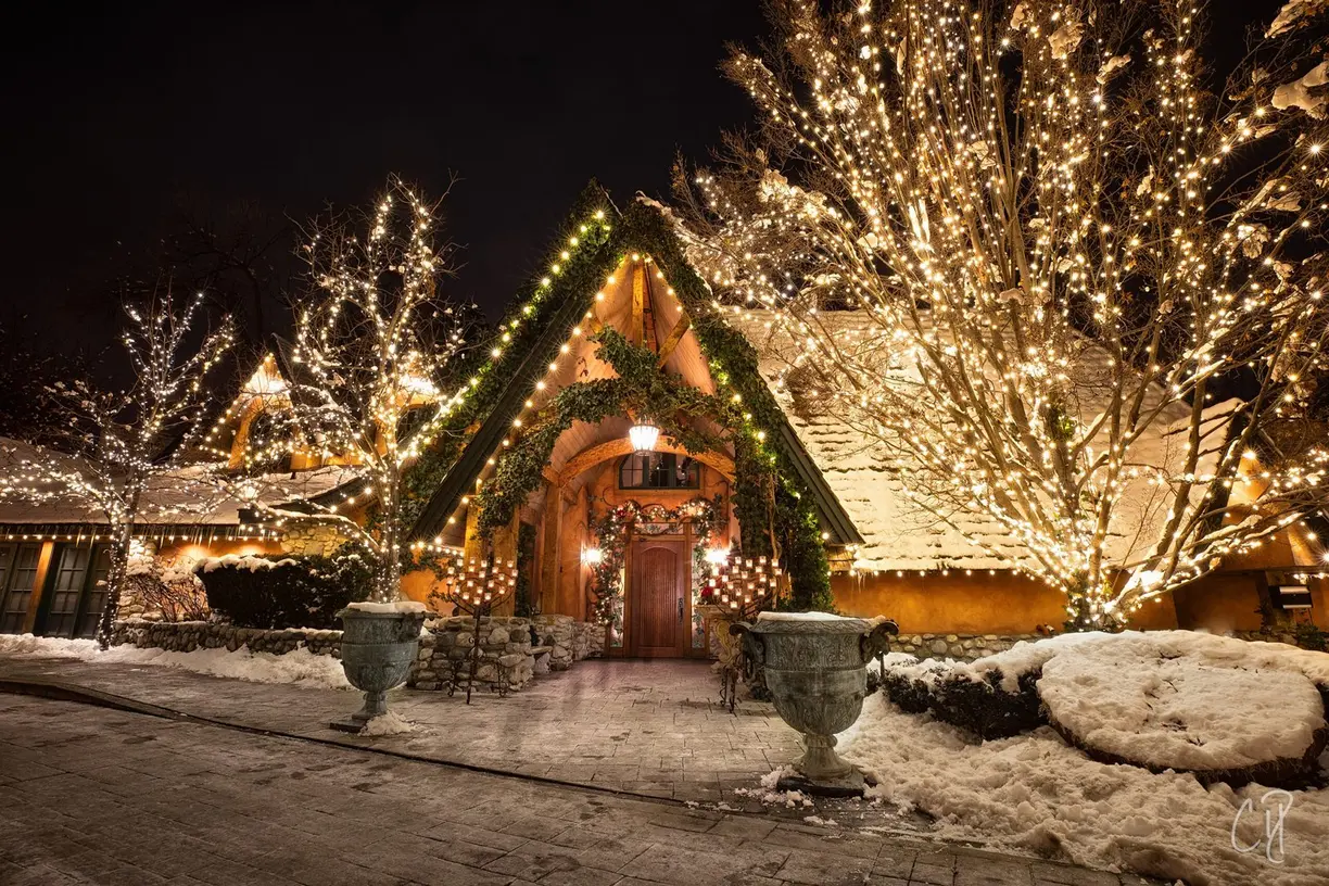 Beautiful winter scene with professional holiday lighting